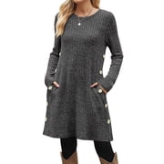 Fantaslook Long Sleeve Womens Dresses Crew Neck Buttons Tunic Sweater Dress with Pockets