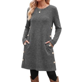 Women's Casual Loose Fit 3/4 Sleeve Round Neck Jersey Knit A-Line Comfy Solid Midi Dress