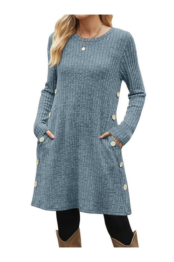 Long Sleeve Womens Dresses Crew Neck Buttons Tunic Sweater Dress with Pockets