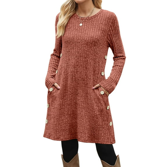 Fantaslook Long Sleeve Womens Dresses Crew Neck Buttons Tunic Sweater Dress with Pockets