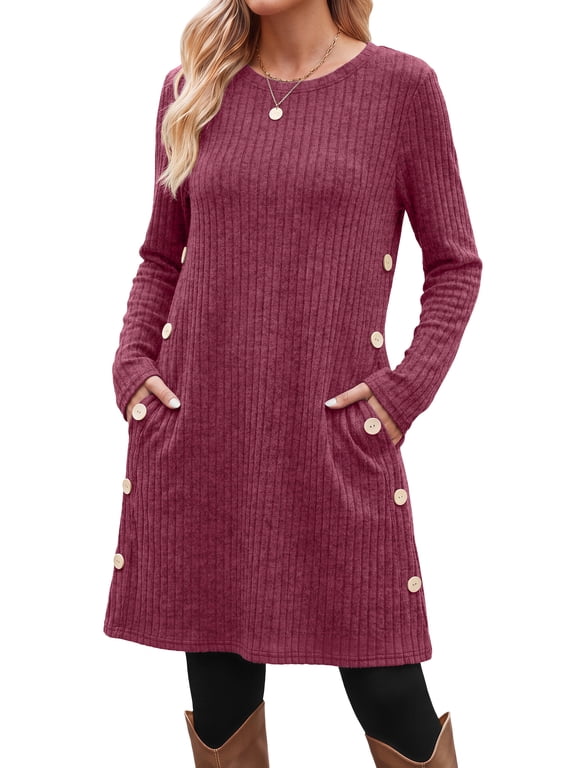 Long Sleeve Womens Dresses Crew Neck Buttons Tunic Sweater Dress with Pockets
