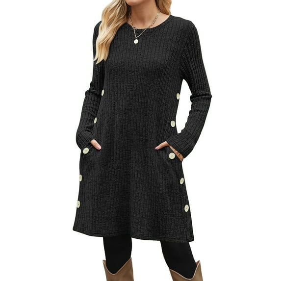 Fantaslook Long Sleeve Womens Dresses Fall Buttons Tunic Sweater Dress with Pockets