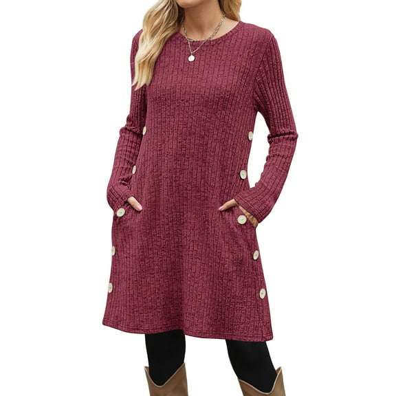 Fantaslook Long Sleeve Womens Dresses Fall Buttons Tunic Sweater Dress with Pockets