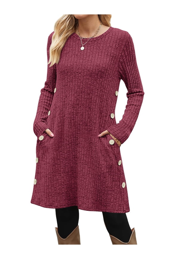 Long Sleeve Womens Dresses Fall Buttons Tunic Sweater Dress with Pockets