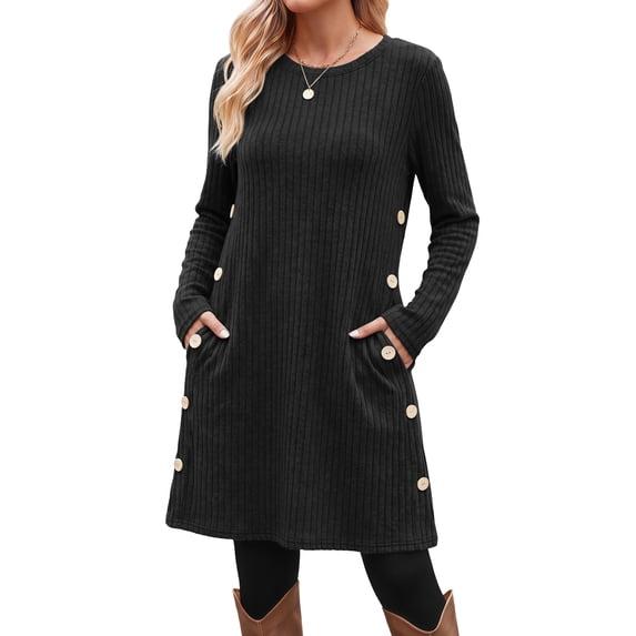 Fantaslook Long Sleeve Womens Dresses Crew Neck Buttons Tunic Sweater Dress with Pockets