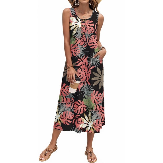 Fantaslook Long Tank Dresses for Women Summer Sleeveless Button Down Dress Casual Loose Beach Vacation Sundress