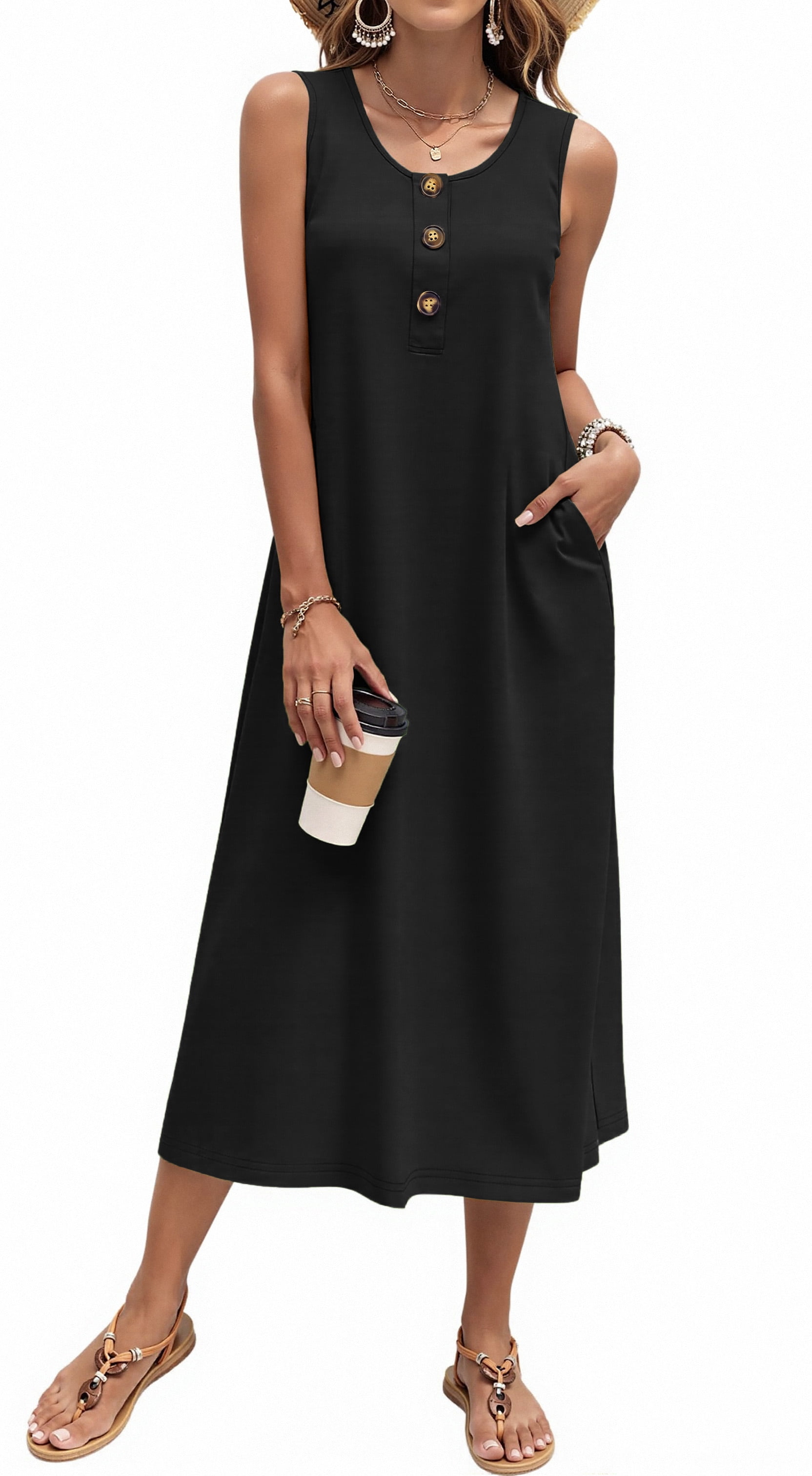 Long Tank Dresses for Women Summer Sleeveless Button Down Dress Casual Loose Beach Vacation Sundress