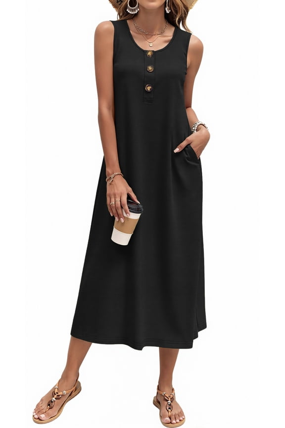 Long Tank Dresses for Women Summer Sleeveless Button Down Dress Casual Loose Beach Vacation Sundress