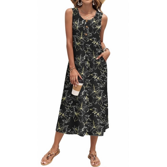 Fantaslook Long Tank Dresses for Women Summer Sleeveless Button Down Dress Casual Loose Beach Vacation Sundress