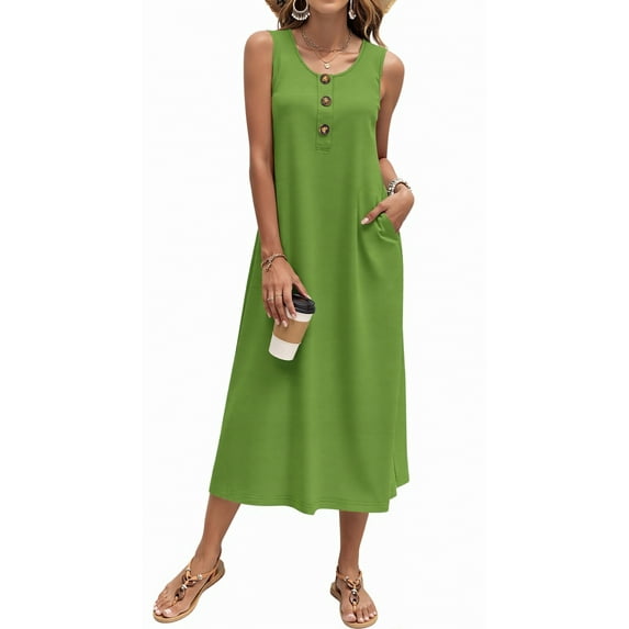 Fantaslook Long Tank Dresses for Women Summer Sleeveless Button Down Dress Casual Loose Beach Vacation Sundress