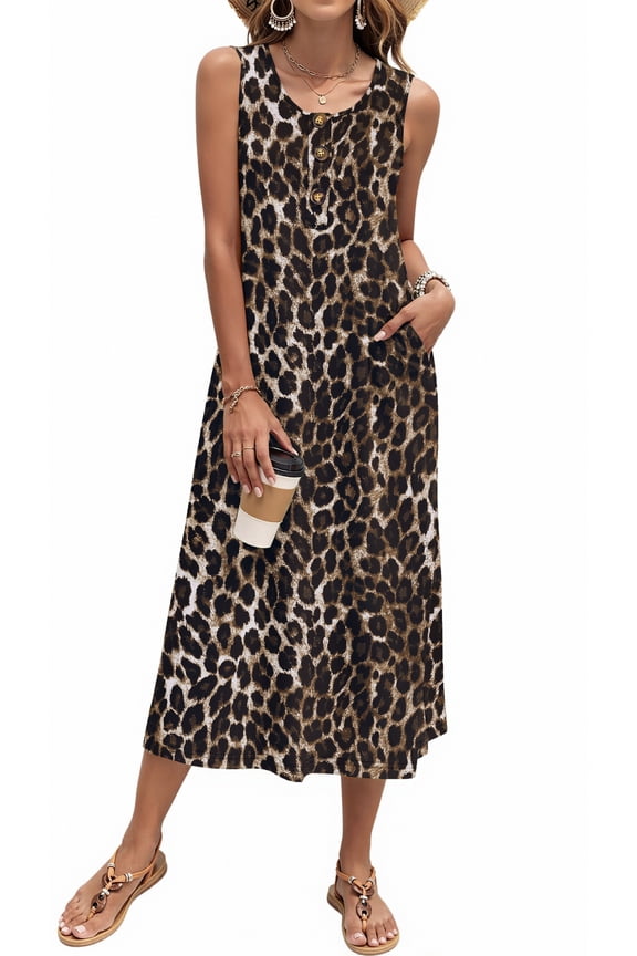 Long Tank Dresses for Women Summer Sleeveless Button Down Dress Casual Loose Beach Vacation Sundress
