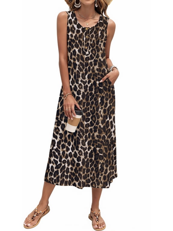 Long Tank Dresses for Women Summer Sleeveless Button Down Dress Casual Loose Beach Vacation Sundress