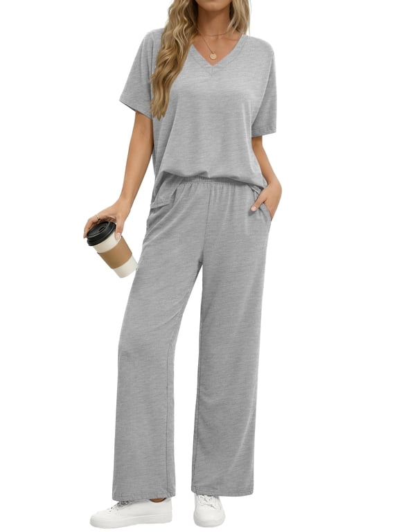 Lounge Sets for Women Casual 2 Piece Outfits Summer V Neck Short Sleeve Tops and Wide Leg Pants Pajamas Sets
