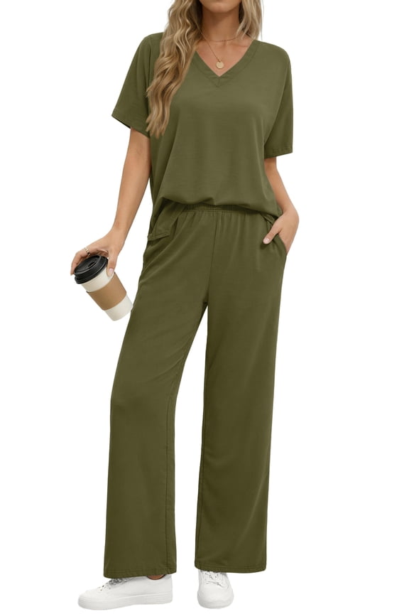 Lounge Sets for Women Casual 2 Piece Outfits Summer V Neck Short Sleeve Tops and Wide Leg Pants Pajamas Sets