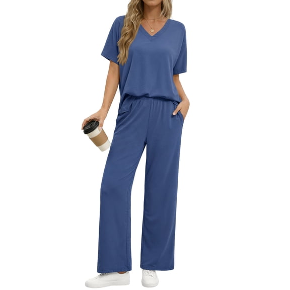 Fantaslook Lounge Sets for Women Casual 2 Piece Outfits Summer V Neck Short Sleeve Tops and Wide Leg Pants Pajamas Sets