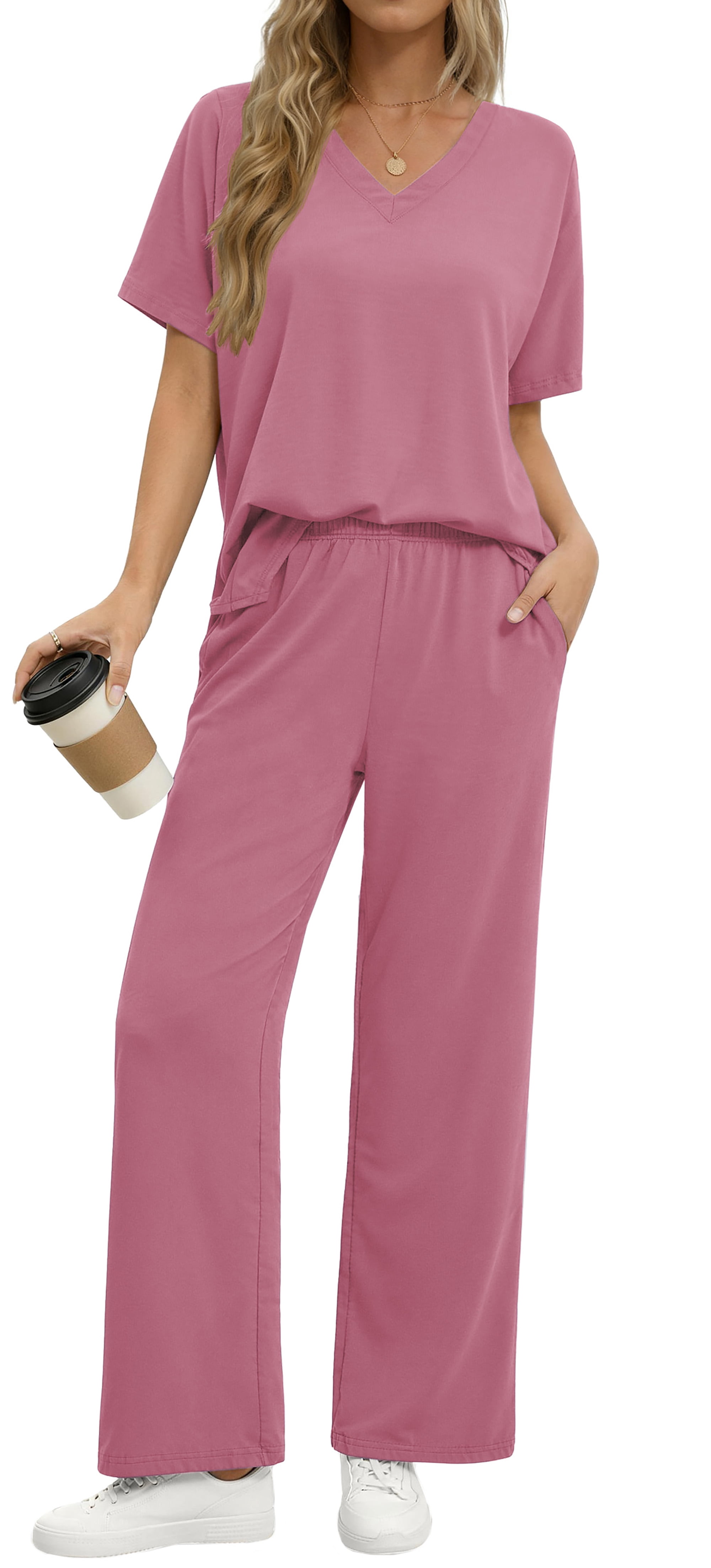 PrinStory Dames Pyjama Set Lange Mouw Top En Broek Pjs Sets Dames Zachte Loungewear Nachtkleding Nachtkleding, A-fp Roze Ster, XL