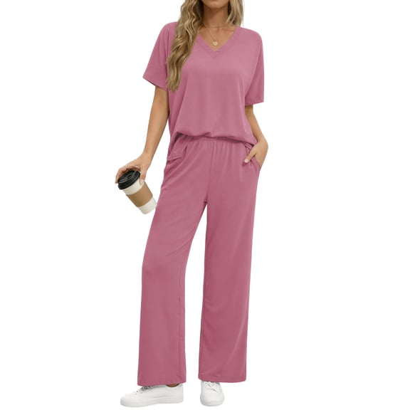 Fantaslook Lounge Sets for Women Casual 2 Piece Outfits Summer V Neck Short Sleeve Tops and Wide Leg Pants Pajamas Sets