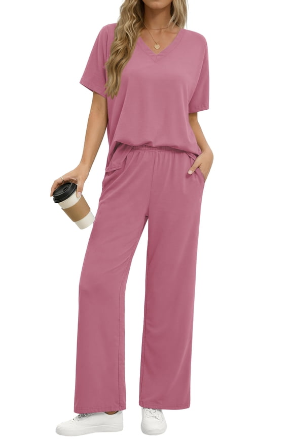 Lounge Sets for Women Casual 2 Piece Outfits Summer V Neck Short Sleeve Tops and Wide Leg Pants Pajamas Sets