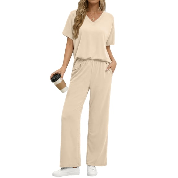 Fantaslook Lounge Sets for Women Casual 2 Piece Outfits Summer V Neck Short Sleeve Tops and Wide Leg Pants Pajamas Sets