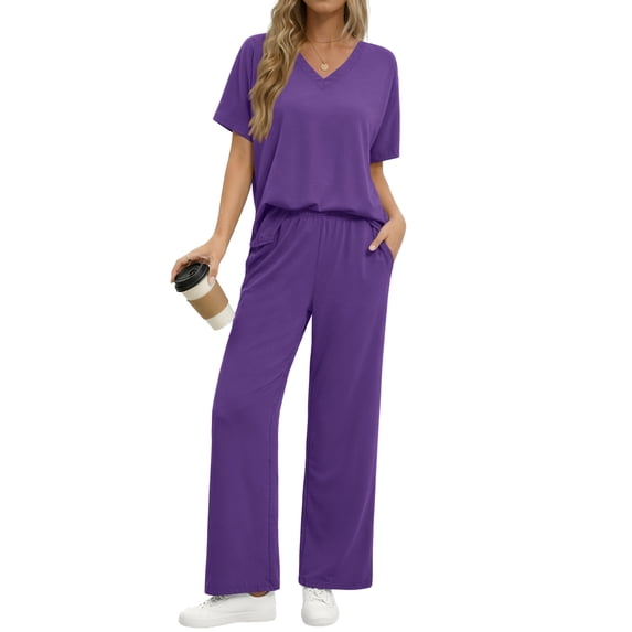 Fantaslook Lounge Sets for Women Casual 2 Piece Outfits Summer V Neck Short Sleeve Tops and Wide Leg Pants Pajamas Sets