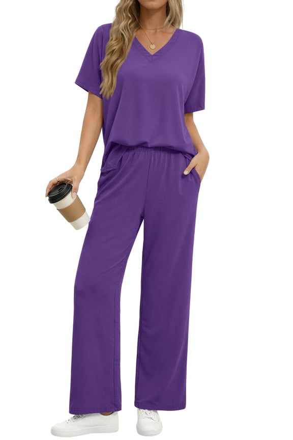 Lounge Sets for Women Casual 2 Piece Outfits Summer V Neck Short Sleeve Tops and Wide Leg Pants Pajamas Sets