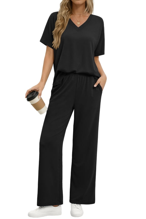 Lounge Sets for Women Casual 2 Piece Outfits Summer V Neck Short Sleeve Tops and Wide Leg Pants Pajamas Sets