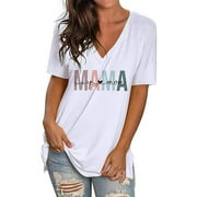 Fantaslook Mama V Neck Shirts for Women Mother's Day Short Sleeve Graphic Tops Mama Gift Casual T Shirts