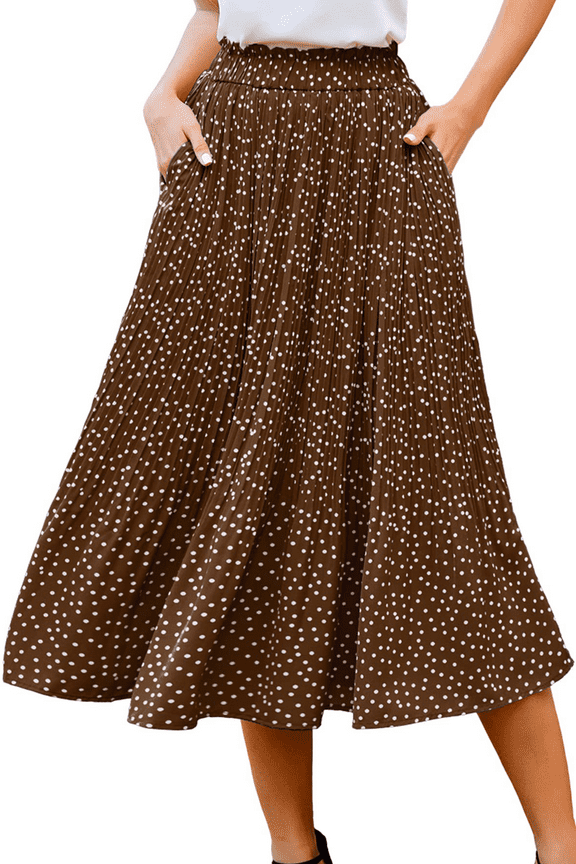 Midi Pleated Skirts for Women Polka Dot Swing High Waist Maxi Skirt with Pockets Dresses