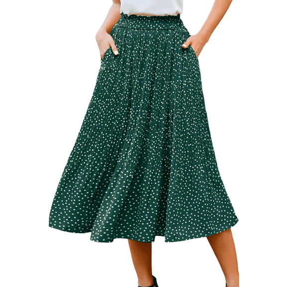 Fantaslook Midi Pleated Skirts for Women Polka Dot Swing High Waist Maxi Skirt with Pockets Dresses