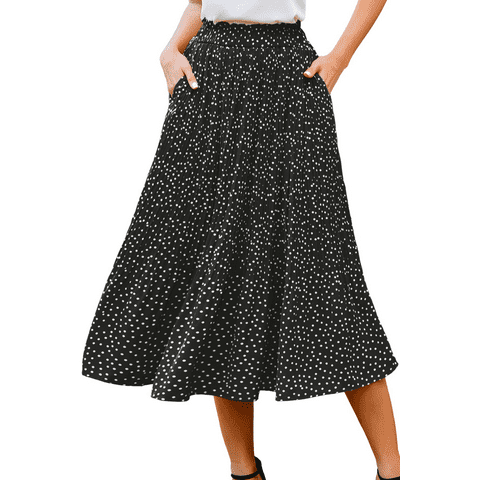 Midi Pleated Skirts for Women Polka Dot Swing High Waist Maxi Skirt with Pockets
