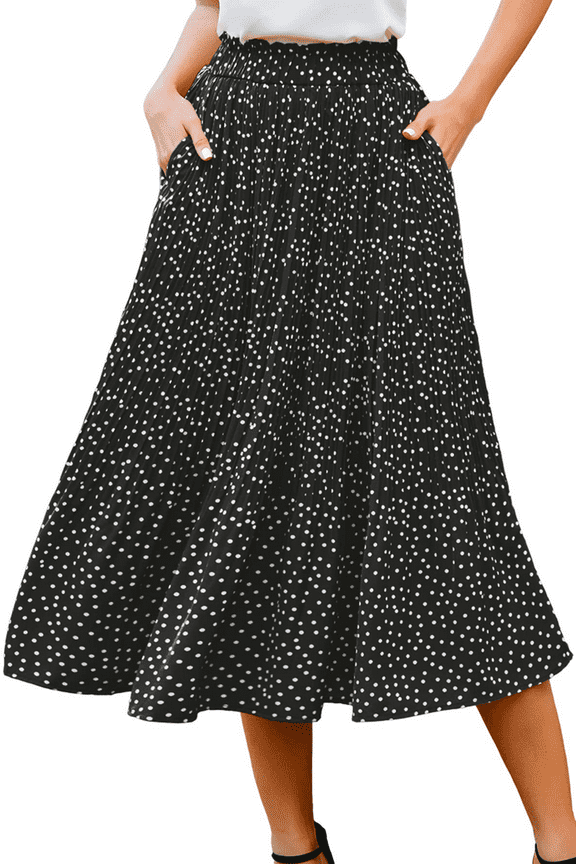 Midi Pleated Skirts for Women Polka Dot Swing High Waist Maxi Skirt with Pockets Dresses