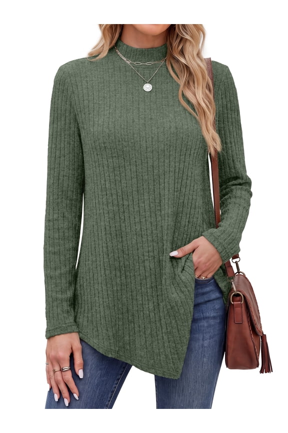 Mock Turtleneck Sweaters for Women Dressy Long Sleeve Pullover Fall Tunic Tops Asymmetrical Hem Soft Sweaters