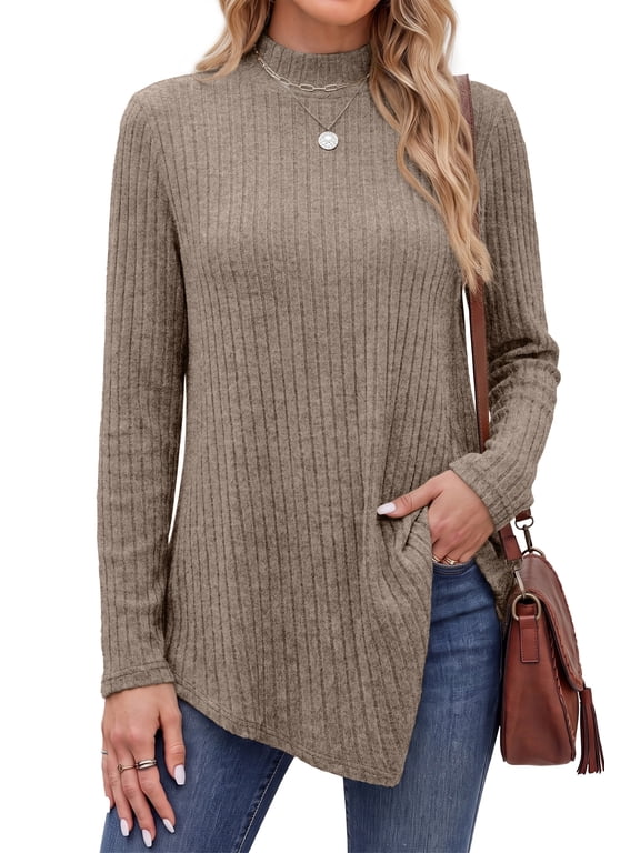 Mock Turtleneck Sweaters for Women Dressy Long Sleeve Pullover Fall Tunic Tops Asymmetrical Hem Soft Sweaters