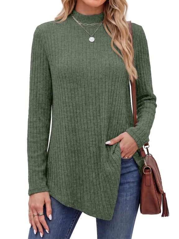 Mock Turtleneck Sweaters for Women Dressy Long Sleeve Pullover Fall Tunic Tops Asymmetrical Hem Soft Sweaters