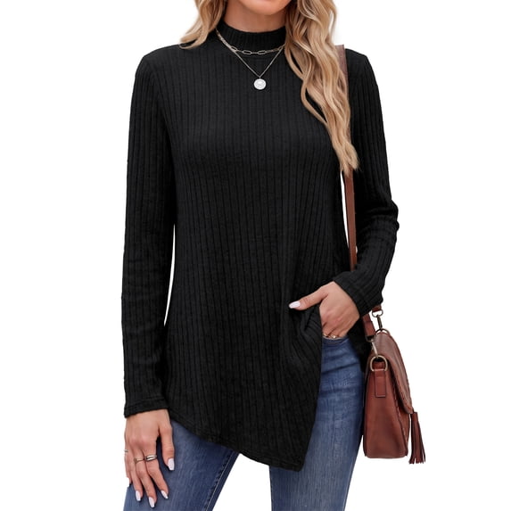 Fantaslook Mock Turtleneck Sweaters for Women Dressy Long Sleeve Pullover Fall Tunic Tops Asymmetrical Hem Soft Sweaters