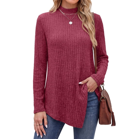 Fantaslook Mock Turtleneck Sweaters for Women Dressy Long Sleeve Pullover Fall Tunic Tops Asymmetrical Hem Soft Sweaters