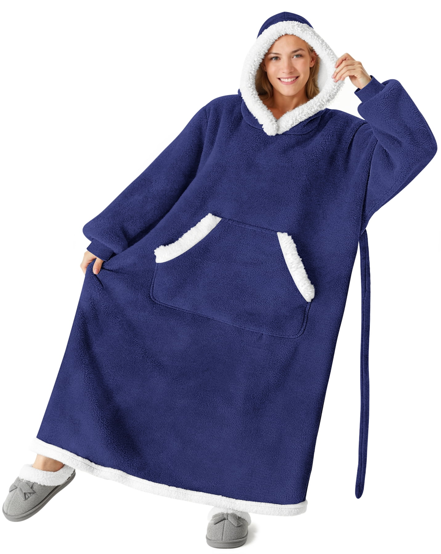 Fantaslook Oversized Wearable Blanket Hoodie, Long Flannel Sherpa Fleece Blanket Hoodie Sweatshirt for Adults Women Men, Plush Blanket with Hood, Pocket & Sleeves