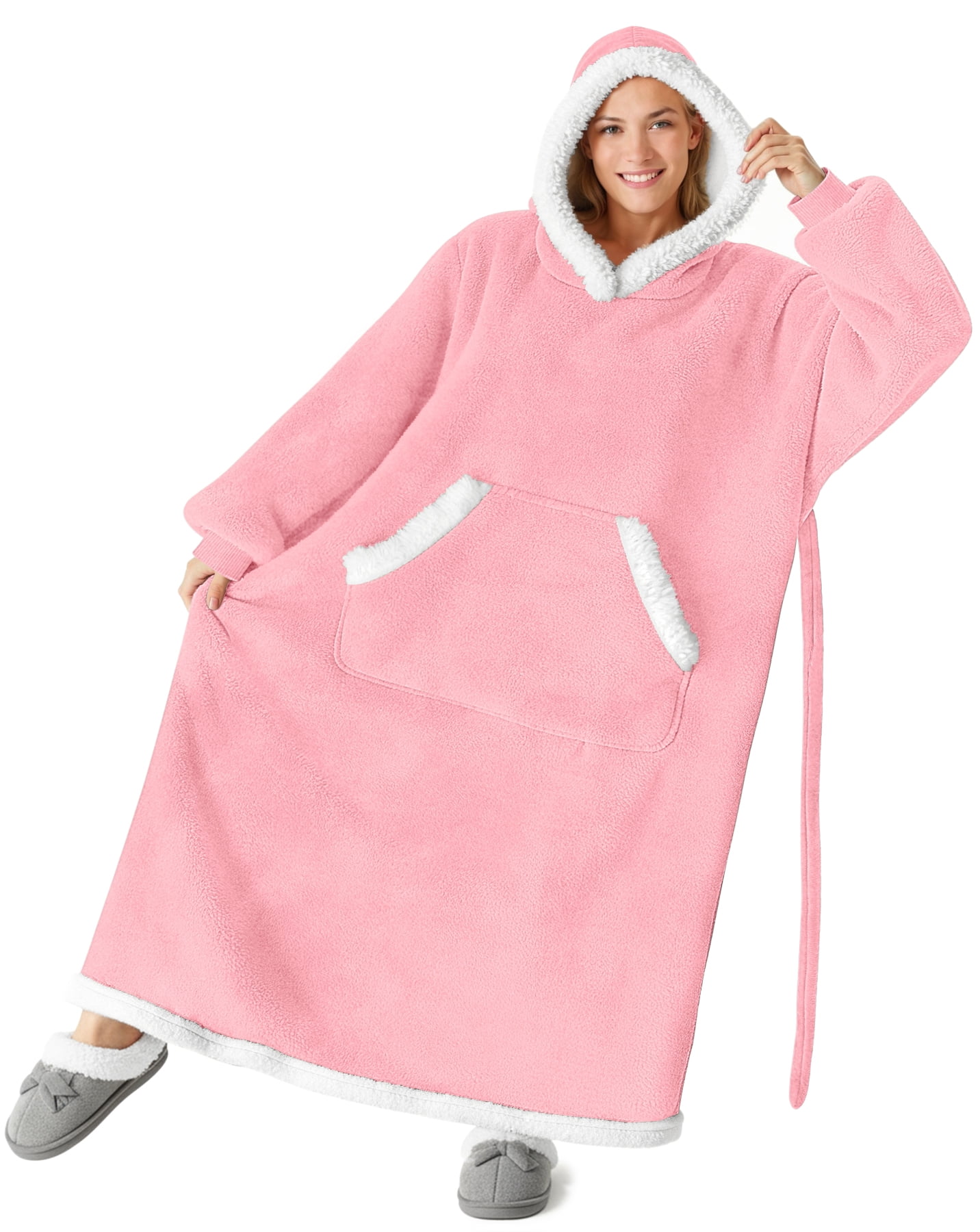 Fantaslook Oversized Wearable Blanket Hoodie, Long Flannel Sherpa Fleece Blanket Hoodie Sweatshirt for Adults Women Men, Plush Blanket with Hood, Pocket & Sleeves