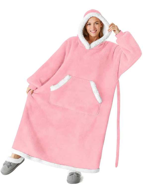 Oversized Wearable Blanket Hoodie, Long Flannel Sherpa Fleece Blanket Hoodie Sweatshirt for Adults Women Men, Plush Blanket with Hood, Pocket & Sleeves