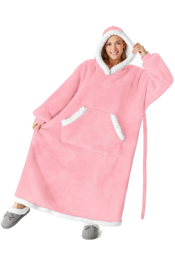 Oversized Wearable Blanket Hoodie, Long Flannel Sherpa Fleece Blanket Hoodie Sweatshirt for Adults Women Men, Plush Blanket with Hood, Pocket & Sleeves