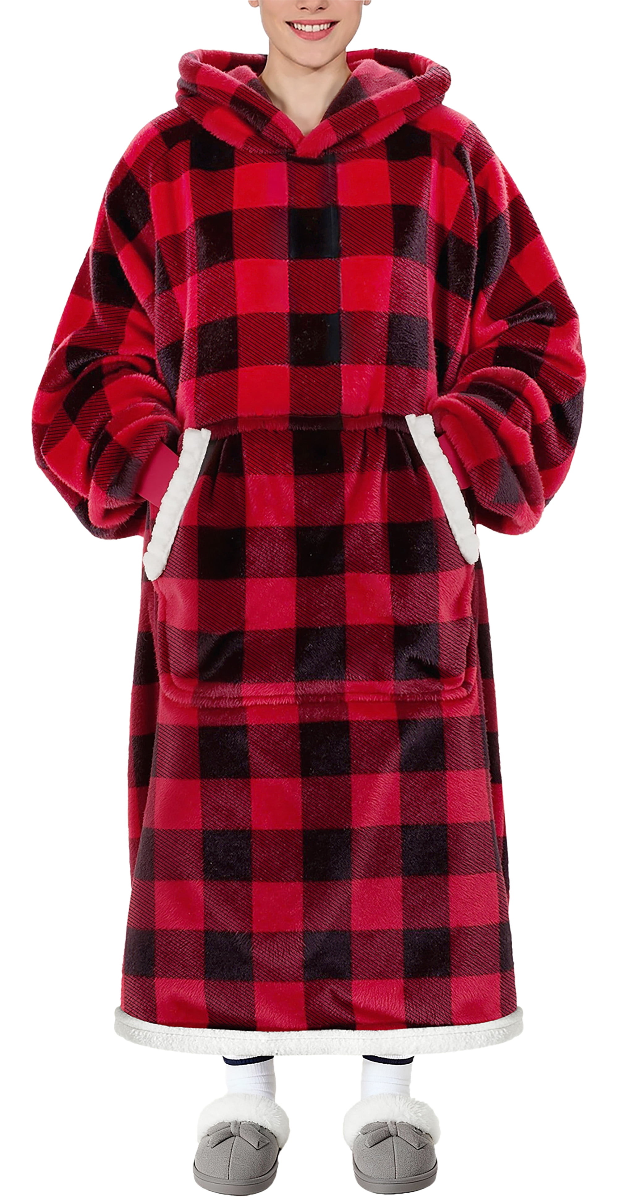 Fantaslook Oversized Wearable Blanket Hoodie, Long Flannel Sherpa Fleece Blanket Hoodie Sweatshirt for Adults Women Men, Plush Blanket with Hood, Pocket & Sleeves
