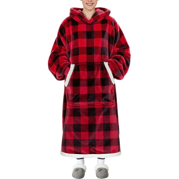 Fantaslook Oversized Wearable Blanket Hoodie, Long Flannel Sherpa Fleece Blanket Hoodie Sweatshirt for Adults Women Men, Plush Blanket with Hood, Pocket & Sleeves