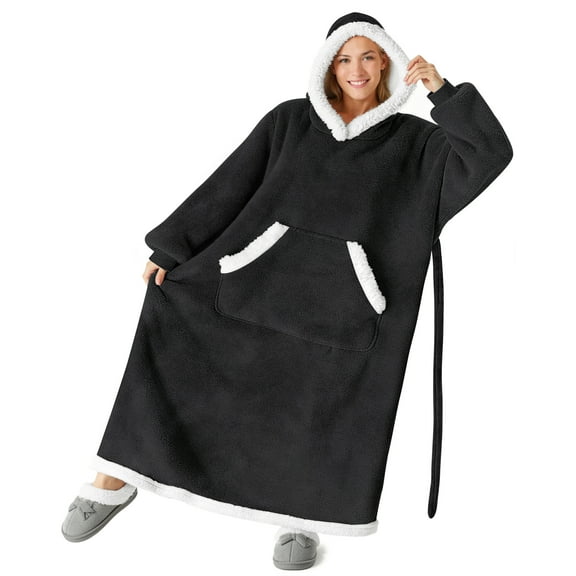 Fantaslook Oversized Wearable Blanket Hoodie, Long Flannel Sherpa Fleece Blanket Hoodie Sweatshirt for Adults Women Men, Plush Blanket with Hood, Pocket & Sleeves