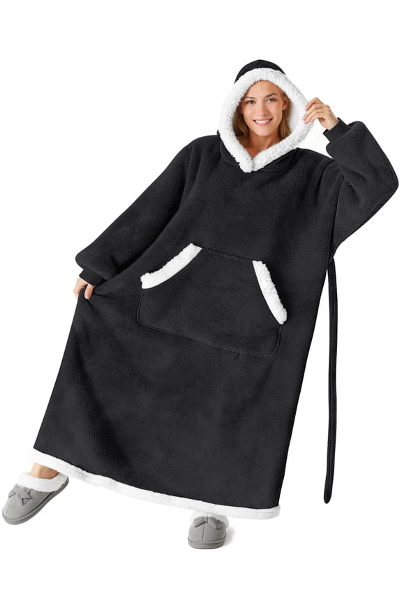 Oversized Wearable Blanket Hoodie, Long Flannel Sherpa Fleece Blanket Hoodie Sweatshirt for Adults Women Men, Plush Blanket with Hood, Pocket & Sleeves