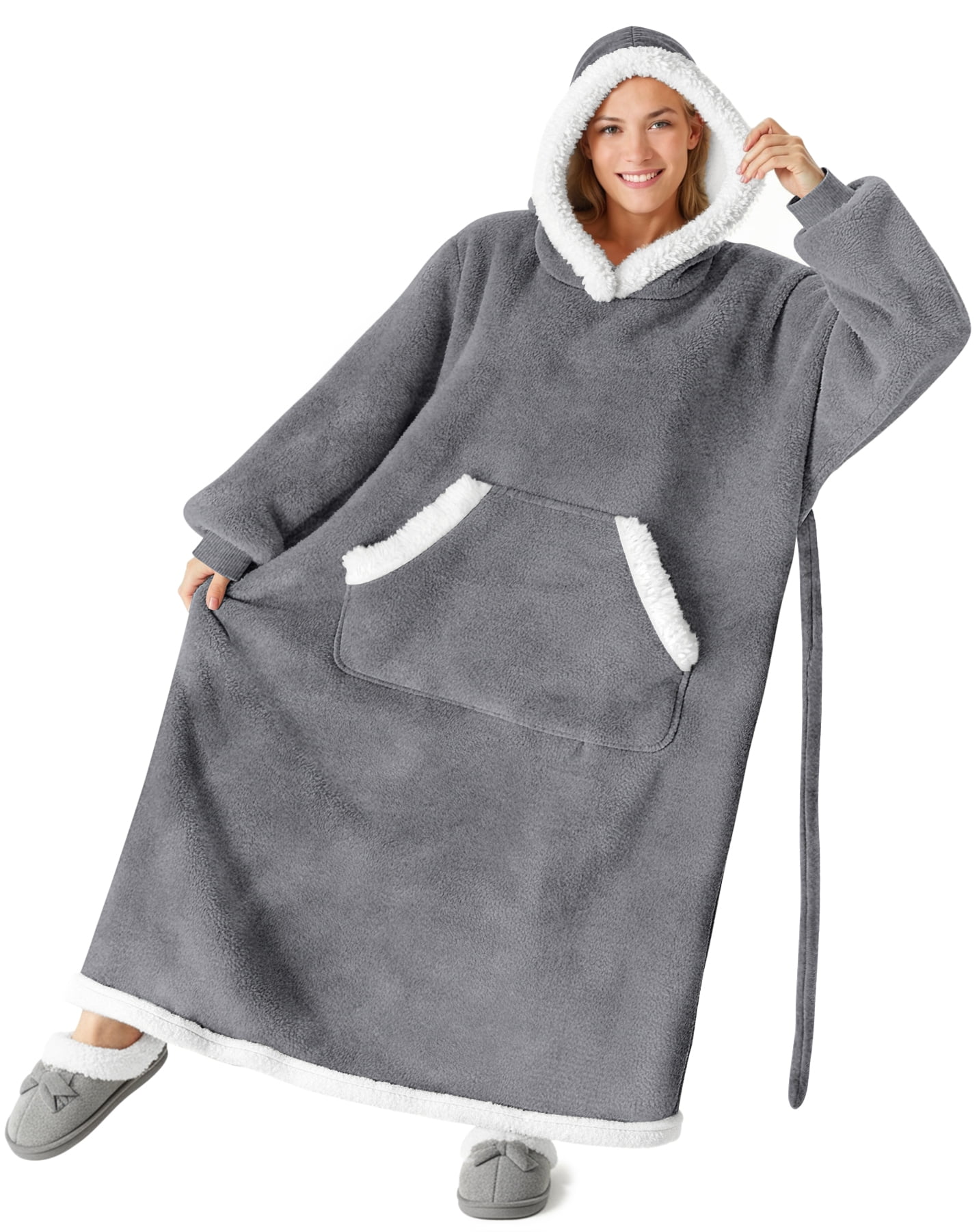 Fantaslook Oversized Wearable Blanket Hoodie, Long Flannel Sherpa Fleece Blanket Hoodie Sweatshirt for Adults Women Men, Plush Blanket with Hood, Pocket & Sleeves