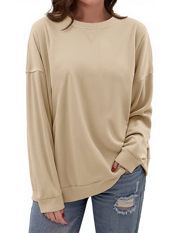 Textured Womens Sweatshirts Oversized Pullover Long Sleeve Tops Crew Neck Casual Shirts Basic Outfits