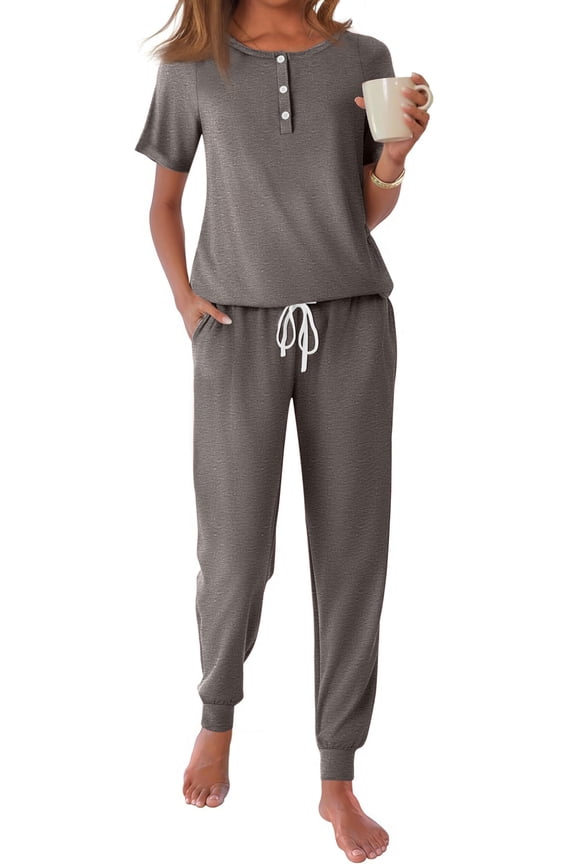 Pajamas Sets for Women Short Sleeve Henley Shirt and Pants With Drawstring Casual Lounge Wear Sets Summer Outfits