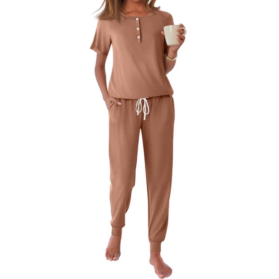 Fantaslook Pajamas Sets for Women Short Sleeve Henley Shirt and Pants With Drawstring Casual Lounge Wear Sets Summer Outfits