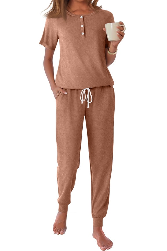 Pajamas Sets for Women Short Sleeve Henley Shirt and Pants With Drawstring Casual Lounge Wear Sets Summer Outfits