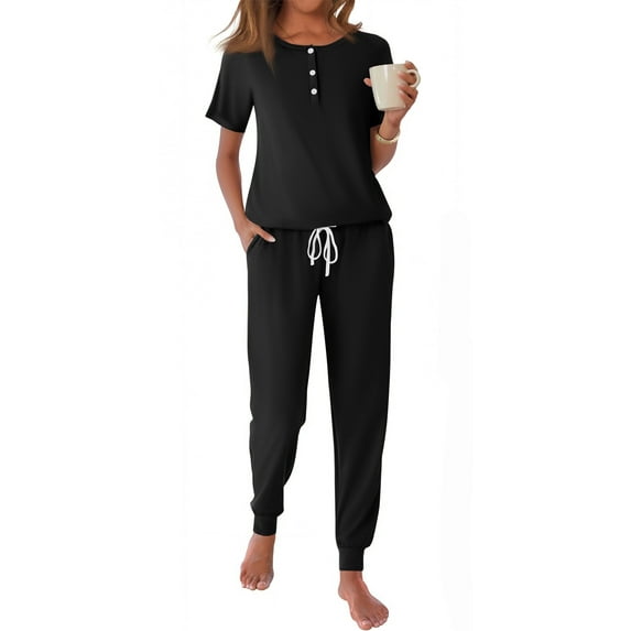Fantaslook Pajamas Sets for Women Short Sleeve Henley Shirt and Pants With Drawstring Casual Lounge Wear Sets Summer Outfits